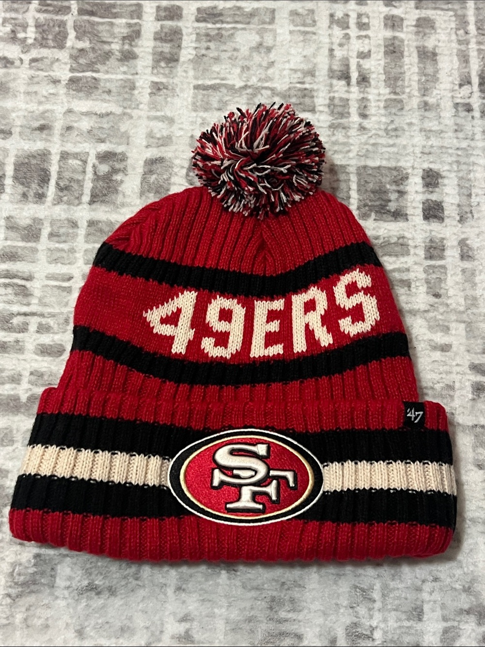 47 San Francisco 49ers Red Black Cream Pom Pom Knit Beanie